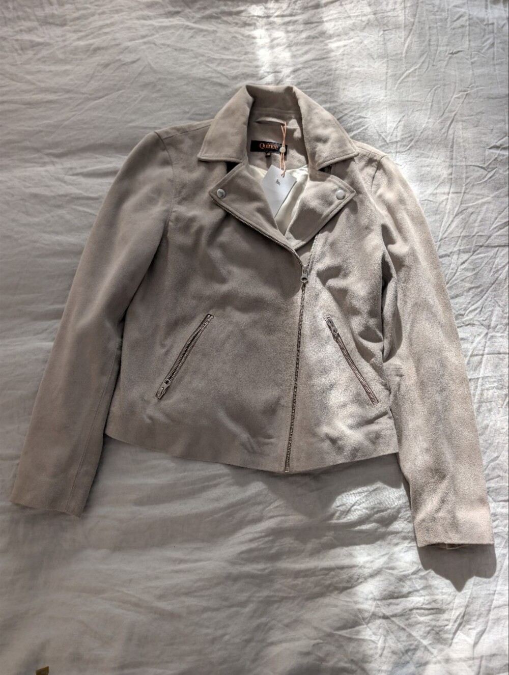 NWT Quince 100% Suede Biker Jacket in Sand Size M Asymmetrical Zip